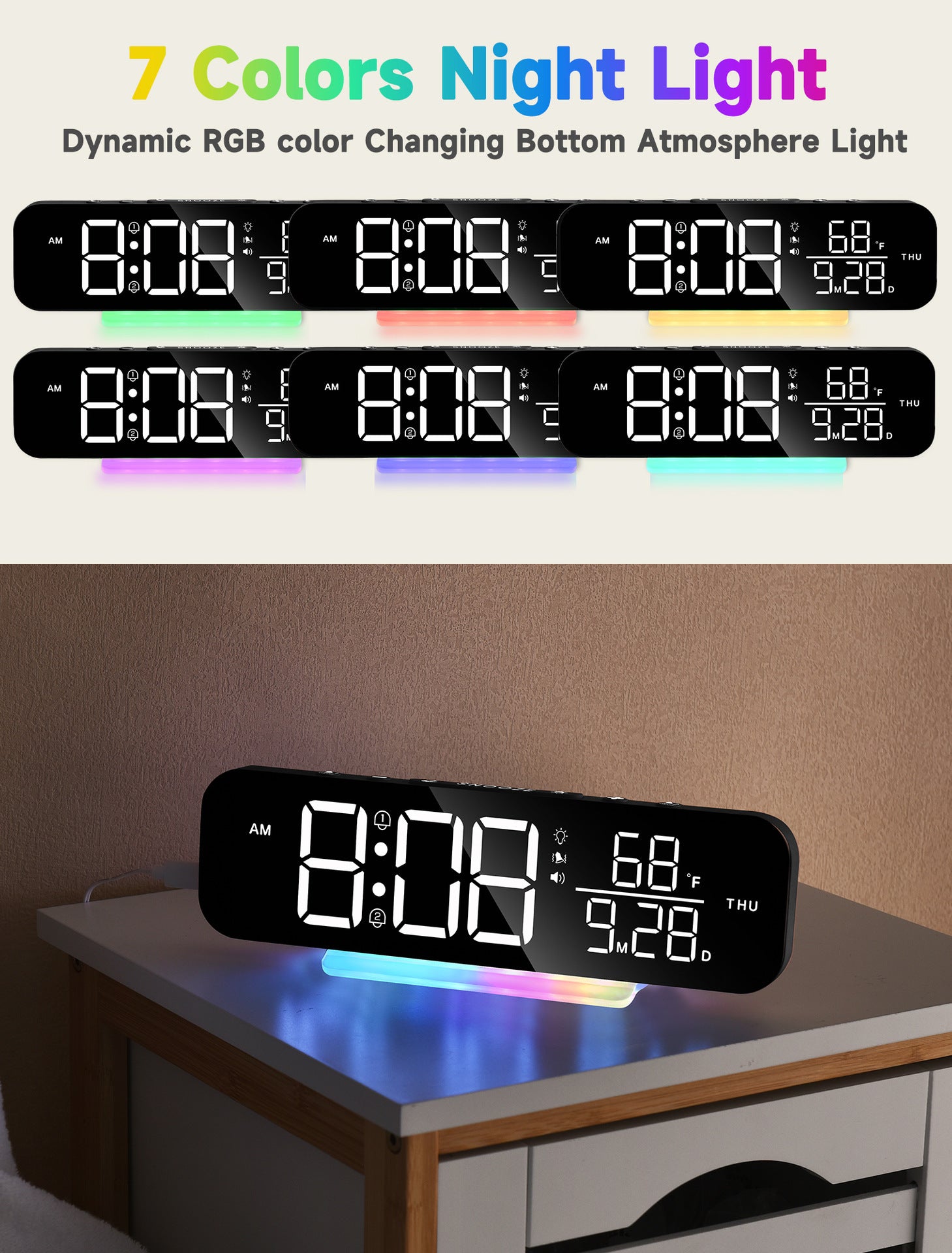 LED Digital RGB Magic Color Desk Clock With Vibration