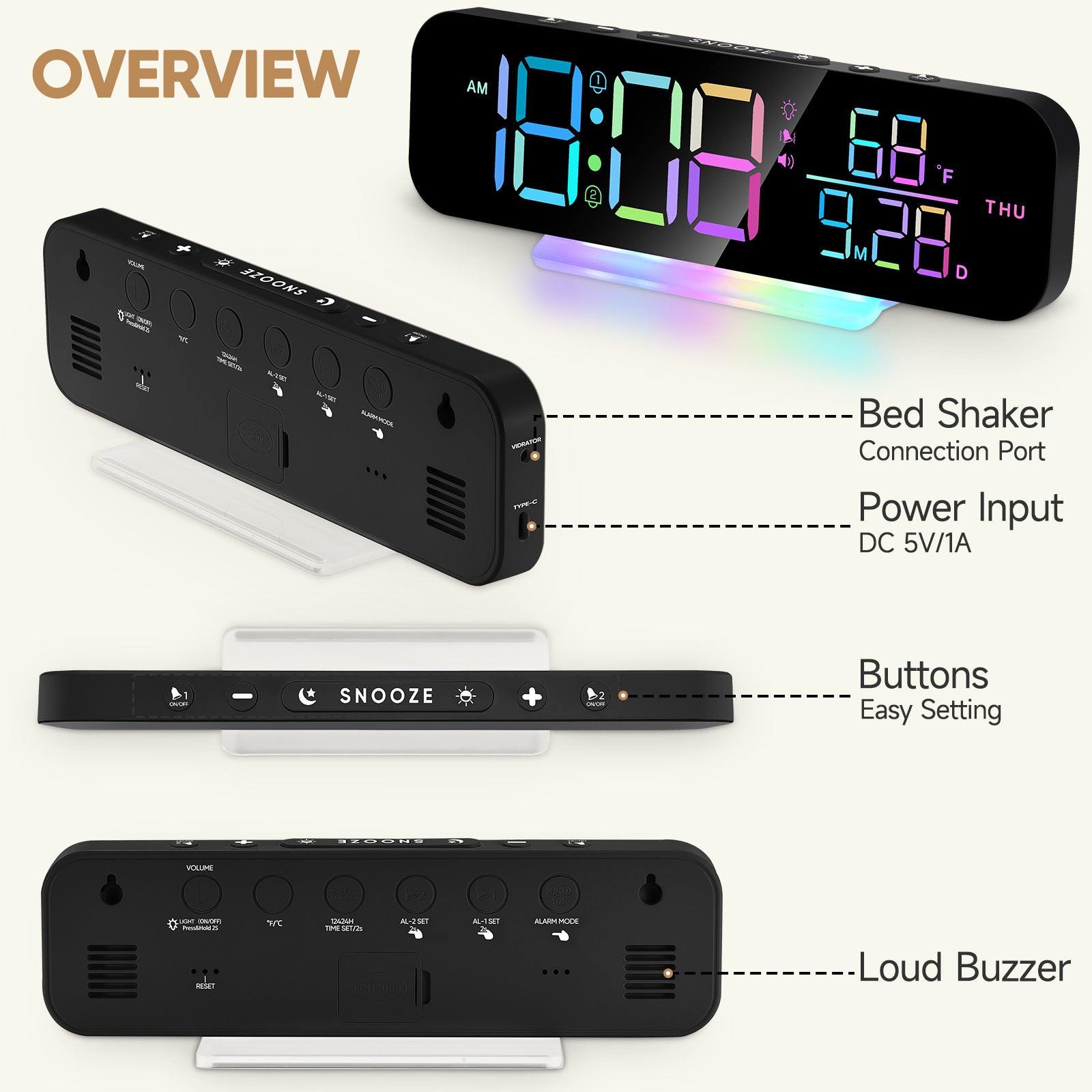 LED Digital RGB Magic Color Desk Clock With Vibration